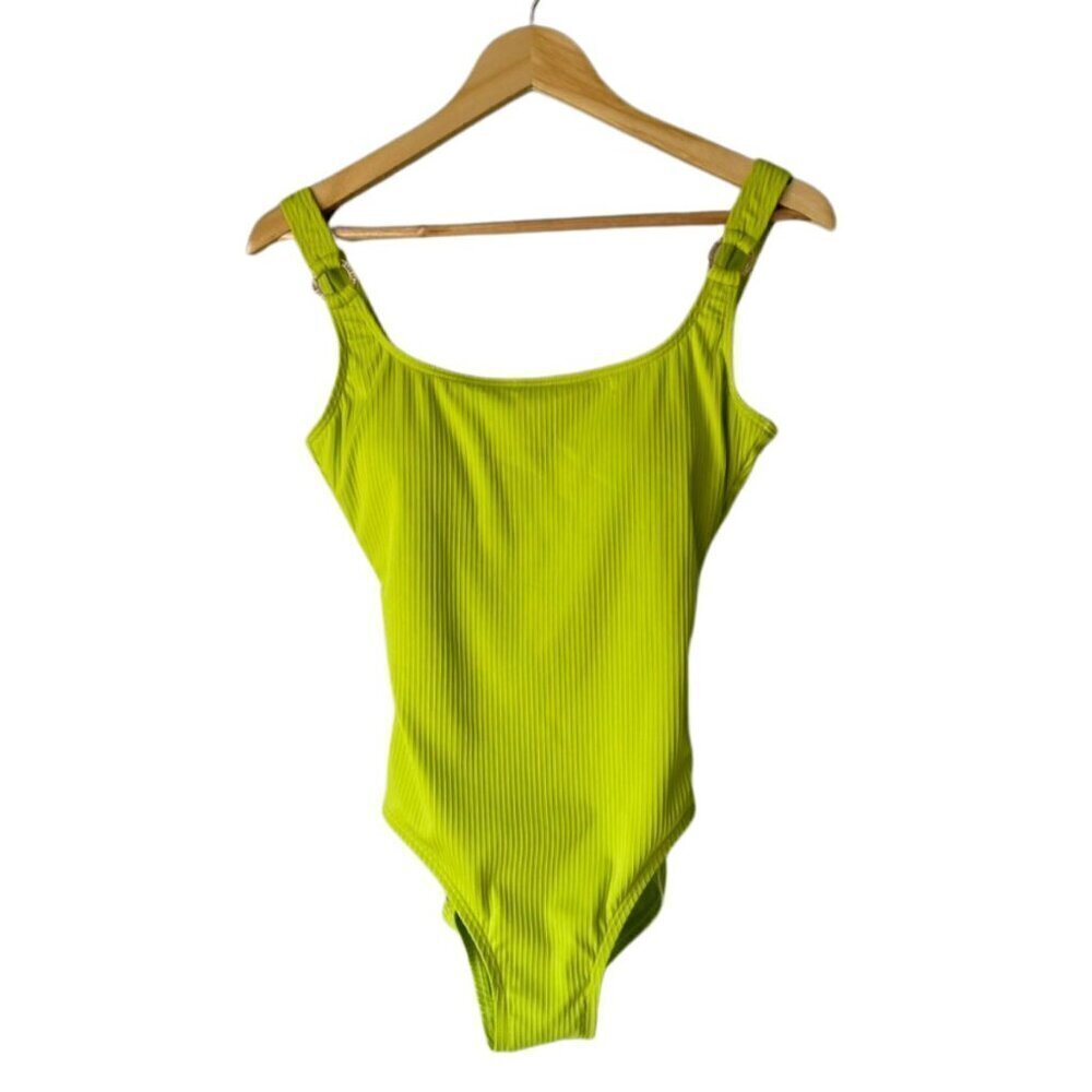 Michael Kors Vibrant Lime Green Ribbed One-Piece Swimsuit, Gold Accents, Small